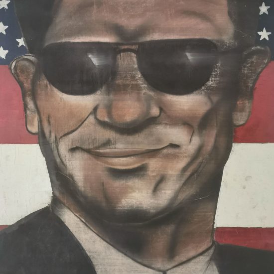 Dipinto acrilico su tela dell'artista Giulia Marsigliani. Volto maschile sorridente con occhiali scuri sullo sfondo la bandiera americana.