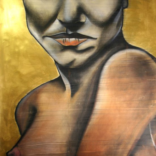 grande dipinto acrilico su tela di Giulia Marsigliani raffigurante un volto maschile su busto femminile