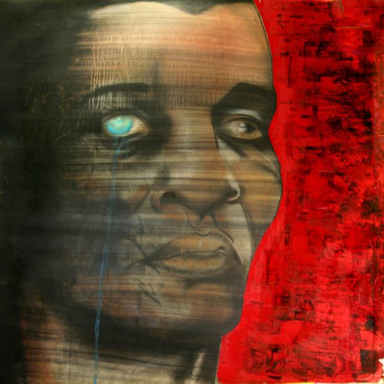 Dipinto acrilico di Giulia Marsigliani. Volto maschile con occhio cieco e piangente su sfondo rosso fuoco.