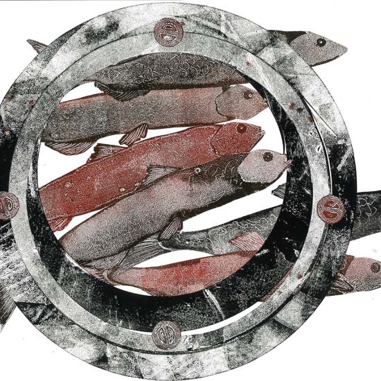 Illustrazione con pesci dietro un oblò