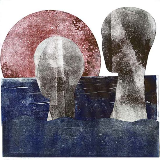Illustrazione editoriale di Giulia Marsigliani. Due teste affiorano dal mare blu e sullo sfondo un sole rosso.