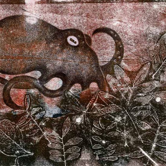 Nel portfolio di Illustrazioni editoriali di Giulia Marsigliani, una grande piovra si aggira sul fondale marino.